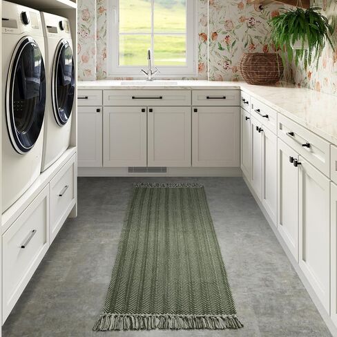 LEEVAN Runner Rug for Hallways, Washable Kitchen Runner Rug with Tassel Green 2'x 6' Runner Rugs, Woven Kitchen Runner Rug for Bedroom, Laundry, Bathroom in Saudi Arabia