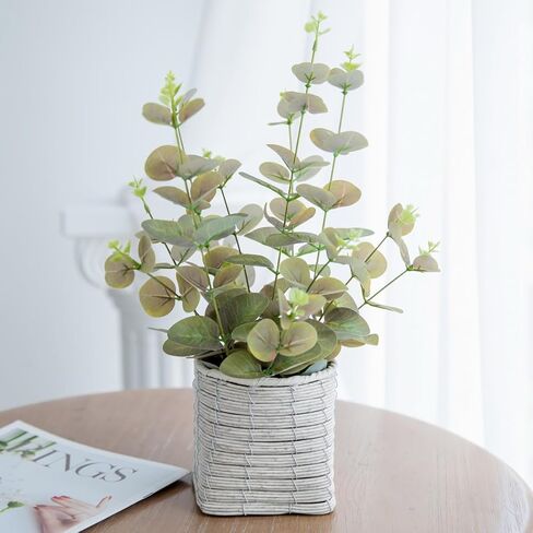 Small Fake Plants 16 Inch Eucalyptus Stems Artificial Plant in Offwhite Leather Woven Planter with Polished River Rocks Evergreen Faux Plant Indoor for Home Bathroom Kitchen Decor in Saudi Arabia