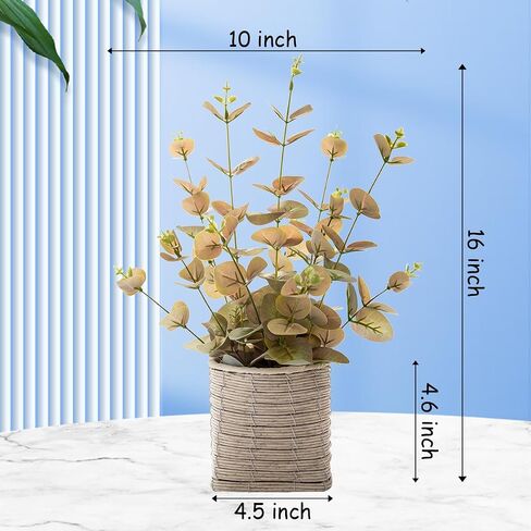 Small Fake Plants 16 Inch Eucalyptus Stems Artificial Plant in Offwhite Leather Woven Planter with Polished River Rocks Evergreen Faux Plant Indoor for Home Bathroom Kitchen Decor in Saudi Arabia