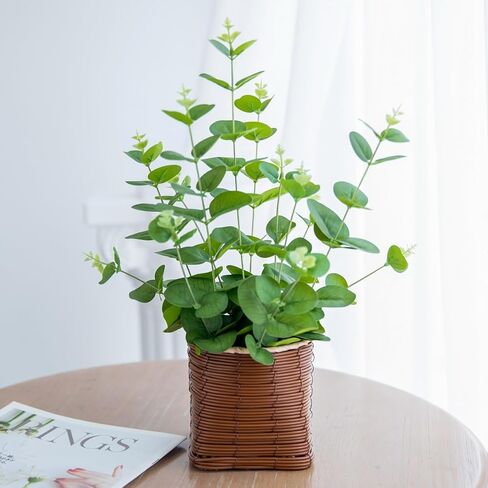 Small Fake Plants 16 Inch Eucalyptus Stems Artificial Plant in Offwhite Leather Woven Planter with Polished River Rocks Evergreen Faux Plant Indoor for Home Bathroom Kitchen Decor in Saudi Arabia