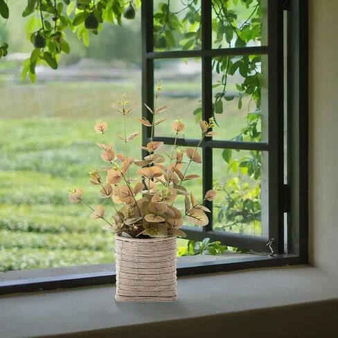 Small Fake Plants 16 Inch Eucalyptus Stems Artificial Plant in Offwhite Leather Woven Planter with Polished River Rocks Evergreen Faux Plant Indoor for Home Bathroom Kitchen Decor in Saudi Arabia