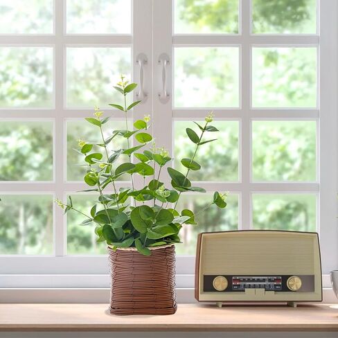 Small Fake Plants 16 Inch Eucalyptus Stems Artificial Plant in Offwhite Leather Woven Planter with Polished River Rocks Evergreen Faux Plant Indoor for Home Bathroom Kitchen Decor in Saudi Arabia