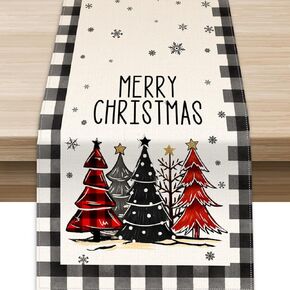Black and White Grid Christmas Trees Merry Xmas Table Runner 13 x 72 Inch, Seasonal Winter Holiday Kitchen Dining Table Decoration for Indoor Outdoor Home Party Decor (13x72 Inches)