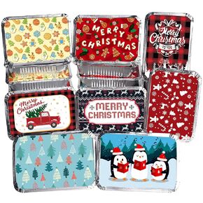 JOYIN 48 Pieces Christmas Foil Containers with Lids, 8 Holiday Designs, 7"x5"x2" Rectangular Treat Foil Containers, Disposable Food Storage Pan for Holiday Leftovers Goodie Container