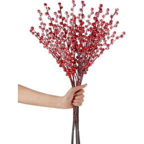 WILLBOND Artificial Red Berry Stems 21.6 Inch Christmas Red Berries Holly Berry Branches for Christmas Tree New Year Decor DIY Craft (8, Snow Slurry Style)