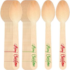 Hoolerry 100 Pcs Disposable Christmas Wooden Spoons 5.5'' Merry Christmas Pattern Spoons Hot Cocoa Chocolate Candy Cane Spoons Winter Tasting Bar Spoons for Cake Coffee Ice Cream