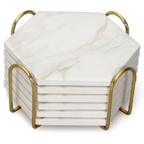6 Pcs White Marble Coaster Set with Holder Hexagon Ceramic Coasters Absorbent Coasters Drink Coasters Set for Coffee Table Bar Coasters Wine Coasters Modern Coasters Beer Coasters Cup Coasters