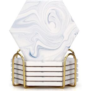 6 Pcs White Marble Coaster Set with Holder Hexagon Ceramic Coasters Absorbent Coasters Drink Coasters Set for Coffee Table Bar Coasters Wine Coasters Modern Coasters Beer Coasters Cup Coasters