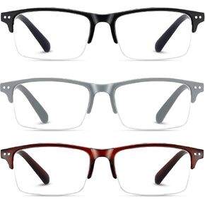 3 PCS Reading Glasses Mens Blue light Blocking Computer Readers, Stylish Half Frame Spring Hinges Anti Glare Filter Lightweight Eyeglasses +1.5