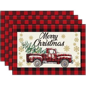 Artoid Mode Red and Black Buffalo Plaid Truck Merry Christmas Placemats Set of 4, 12x18 Inch Seasonal Winter Xmas Holiday Table Mats for Party Kitchen Dining Decoration