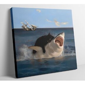 Framed Funny Cat Canvas Wall Art Renaissance Black Cat vs Shark Painting Picture Wall Decor Eclectic Cat and Shark Poster Print Artwork for Bathroom Living Room Bedroom Home Decoration