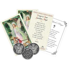 Guardian Coin - with Catholic Guardian Angel Prayer Card | 3 Pocket Angel Coin Token, 3 Guardian Angel Card, The Lord's Prayer Card | Guardian Angel Coins Set of 7 Items