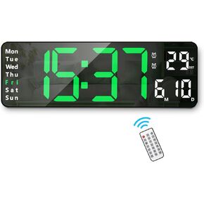 Lafocuse Silent Digital Wall Clock Large Display 13 Inch with Date Week Temperature, LED Clock with Remote Control for Living Room Decor Office Kitchen, Automatic Brightness Dimmer, Countdown, Red