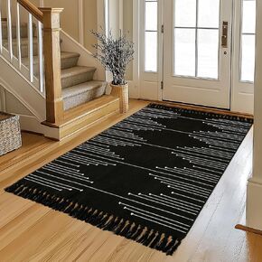 Tritard Boho Bathroom Rug 2x3 - Woven Cotton Washable Area Rugs with Tassels Small Moroccan Entryway Throw Rugs Farmhouse Bath Door Mat Low Pile for Entrance, Kitchen, Front Porch, Black and White