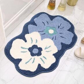 Flowers Bath Carpet Super Absorbent Non Slip 17x27 Inches Bathroom Mat Machine Washable and No Shed Rug for Shower, Sink and Balcony (Blue)