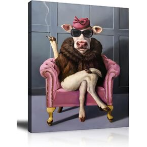 Funny Wall Art Cow on Pink Sofa Framed Canvas, Highland Cow Decor Animal Picture Printed Wall Decor Ideal Gift for Bedroom Bathroom Living Room 11.5x15 Inches
