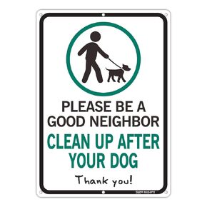 T&R Please Be A Good Neighbor Clean Up After Your Dog Sign with 36" Stake for Outside - 14"x10" .040 Rust Free Heavy Aluminum, Reflective, Waterproof, Weatherproof and Fade Resistant, 6 pre-drilled holes,Includes Matching Screws & Wrench, Easy to Mount