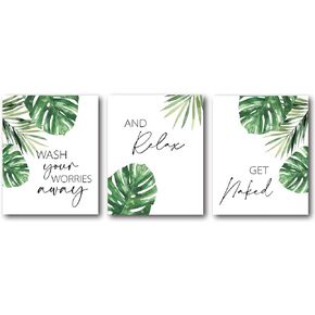 XWELLDAN Bathroom Quotes Wash Your Worries Away Watercolor Tropical Leaves Plant Wall Art Prints, Modern Botanical Wall Art Prints Decor for Home Bathroom, 8 x 10 Inch Set of 3 Prints, Unframed