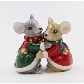 Fine Ceramic Christmas Holidays Mouse Couple Hugging Salt & Pepper Shakers Set, 3-3/8" H
