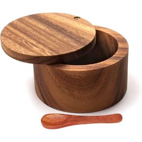 IBLAY Wooden Salt Box for Kitchen or Dining Table Spice and Herb Container | Single Compartment for Salt & Pepper, Jar & Container (Size: 4 x 2.5 in) with Spoon (Wooden Salt Cellar)