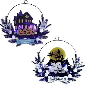 2 Pack Halloween Spooky Castle Wreath for Front Door, Artificial Halloween Chimney Wreath with Various Decorations and Lights, 16" Wreath for Indoor Outdoor Home Halloween Festival Decoration