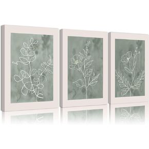 3Pcs Sage Green Botanical Wall Art Line Drawing Floral Canvas Poster Prints Modern Abstract Minimalist Picture Neutral Boho Artwork Simple Painting Wall Decor for Living Room Bedroom 12x16in Framed