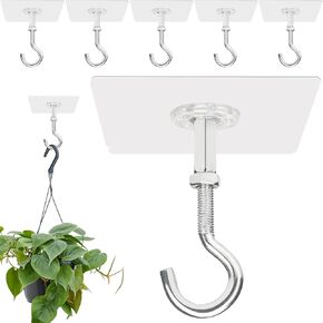 Adhesive Ceiling Hooks for Hanging Plants, 6 Pack Large Heavy Duty Command No Hole Metal Hook, No Drill Strong Sticky Outdoor Ceiling Hanger, Stick on Hooks for Lights, Wind Chimes