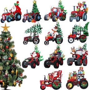 Charniol 12 Pcs Wooden Christmas Tractor Ornaments Red Tractor Ornaments Hanging Christmas Tree Wooden Hanging Christmas Decoration with Ropes for Xmas Family Holiday Party Supplies