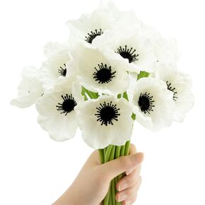 Artificial White Flower, 24 PCS Black and White Flowers, 11 Inch Silk Anemone Flower, Stems PU Real Touch Fake Flowers in White with Black Center for Wedding Memorial Day Centerpiece Home Kitchen