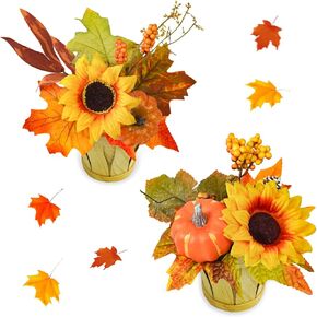 Uieke 2PACK Fall Fake Potted Plants Small Fake Plants Mini Artificial Faux Plants with Wooden Pots for Bathroom Shelf Harvest Wedding Thanksgiving Table Centerpiece Home Office Desk Plant Decor