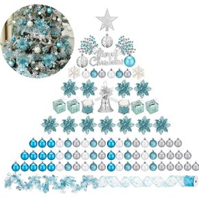 ShinyRelief 129 Pcs Christmas Tree Decorations Set Christmas Tree Ball Ornaments Plastic Snowflake Ornament Glitter Poinsettia Xmas Flowers Berry Tinsel Star Tree Topper(Blue-Silver,Novel Style)