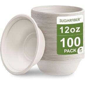 [100 Count] Harvest Pack PFAS Free 12oz White Round Paper Bowls - Compostable Heavy-Duty Eco-Friendly Disposable Bagasse Bowls Sugarcane Natural Plant fibers for Meal Prep Takeout Dinnerware
