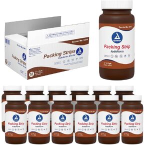 Dynarex Iodoform Packing Strip, Sterile Wound Care, 100% Cotton Woven Medical Packing Strip, Soft & Absorbent, 1/4" x 5 yd., 1 Case of 12 Packing Strip in Jars