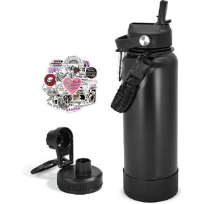 40 oz Insulated Water Bottle with Straw, Stainless Steel Vacuum Thermo Metal Sports Water Bottle Hydro Cup Flask with Spout Lids & DIY Stickers, Cold 48H Hot 24H for Hiking Sport Dark Purple