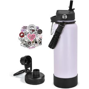 40 oz Insulated Water Bottle with Straw, Stainless Steel Vacuum Thermo Metal Sports Water Bottle Hydro Cup Flask with Spout Lids & DIY Stickers, Cold 48H Hot 24H for Hiking Sport Dark Purple