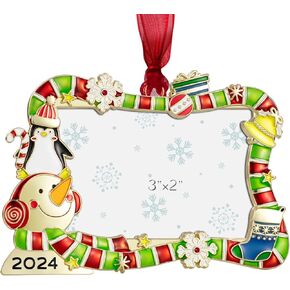 2024 Christmas Tree Ornament Picture Frame Ornament - Made of Zinc Alloy Glitter Powder Pendant 3x2 Inch Picture Frame Ornament for Pet and Baby Holiday Keepsake Gift (Snowman,Silvery)