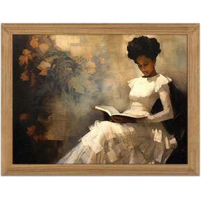 Framed African American Wall Art - 3D Textured Black Girl Reading A Book Wall Decor, Vintage Sandstone Paintings for Living Room Bedroom Office Decor 12x16 Inch