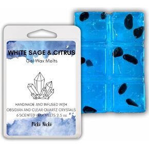Gel Wax Melts Infused with Quartz Crystals for Candle Wax Warmer Set of Two (White Sage and Santal with Amethyst and Rose Quartz Crystals)