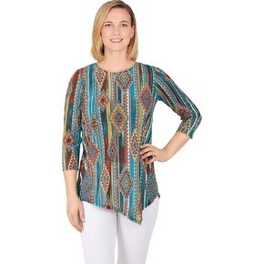 Ruby Rd. Womens A-Symmetric Sublimation Top Teal Multi Size XL
