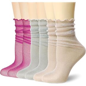 3Pack Women's Sheer Glitter Socks Frilly Metallic Sparkle Shiny Slouch Socks Soft Tulle Fashion Party Girls Socks