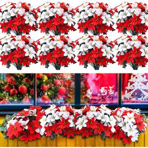 Tigeen 50 Pcs Christmas Artificial Poinsettia Flowers 7 Heads Faux Poinsettia Bush Bouquets Artificial Poinsettia for Outdoor Cemetery Xmas Wreath Wedding Garden Decorations (Red and White)