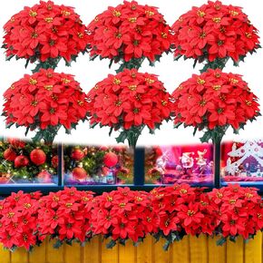 Tigeen 50 Pcs Christmas Artificial Poinsettia Flowers 7 Heads Faux Poinsettia Bush Bouquets Artificial Poinsettia for Outdoor Cemetery Xmas Wreath Wedding Garden Decorations (Red and White) in Kuwait