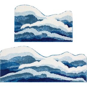 2 Pcs Wave Rug Blue Ocean Rug 3D Aesthetic Plush Beach Rug Cute Non Slip Backing Trendy Bath Mat Coastal Washable Soft Romantic Carpet for Shower Bedroom Bathroom Kitchen Decor