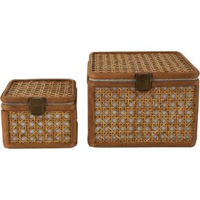 Deco 79 Rattan Handmade Decorative Box Woven Rattan Decorative Keepsake Boxes with Bronze Latches, Set of 2 Storage Boxes 7", 5"W, Brown