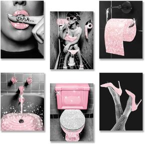 OPUHOHR 6 PCS Pink Canvas Posters Wall Art, 8"x10" Bathroom Decor, Pink Glam Toilet High Heels Tissue Lips Fashion Quotes Bathroom Sign (UNFRAMED)