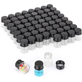 63 Pcs 5ml Small Clear Glass Bottles, Empty Refillable Container, Glass Vials, Mini Sample Jars with Black Aluminum Screw Caps for Liquid, Essential Oil, Cosmetic & Christmas Decorations