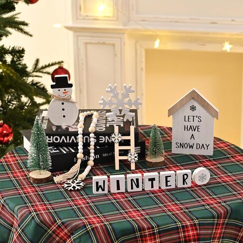 14Pcs Winter Christmas Tiered Tray Decor, Snowman Wood Signs Set for Tiered Tray, Small Rustic Winter Snowman Signs and Christmas Tree for Home Table Decoration (Tray Not Included) in Saudi Arabia