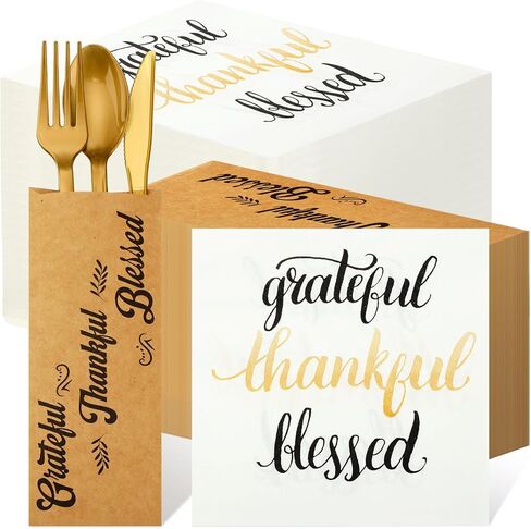 Colarr 100 Pcs Thanksgiving Fall Disposable Napkins Paper and Thankful Grateful Blessed Silverware Bags, Silverware Sleeves Cutlery Thanksgiving Utensil Holder for Dinner Table Decorations in Kuwait