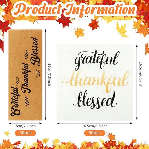 Colarr 100 Pcs Thanksgiving Fall Disposable Napkins Paper and Thankful Grateful Blessed Silverware Bags, Silverware Sleeves Cutlery Thanksgiving Utensil Holder for Dinner Table Decorations in Kuwait