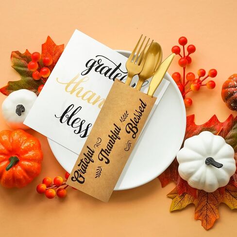 Colarr 100 Pcs Thanksgiving Fall Disposable Napkins Paper and Thankful Grateful Blessed Silverware Bags, Silverware Sleeves Cutlery Thanksgiving Utensil Holder for Dinner Table Decorations in Kuwait